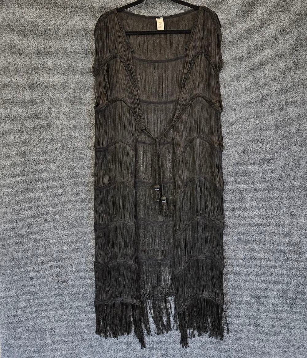 BLESS Handmade Style Black Fringe Long Vest Cover Up Boho Festival
